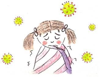 Illustration d'un livre pour enfants sur le coronavirus : une fille se sent malade