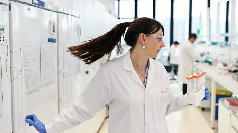Wissenschaftlerin dreht sich im Labor mit ihrem hinter ihr fliegenden Pferdeschwanz