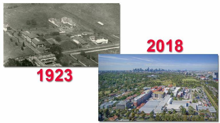Side-by-side photos of CSL's Parkville site in 1923 and 2018.