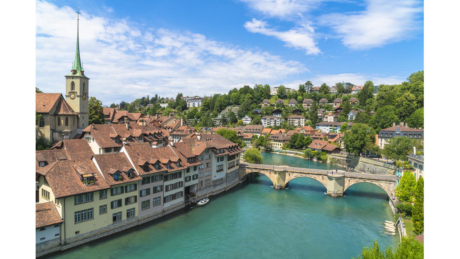 aerial view of Bern, Switzerland and bridge over the Aare River