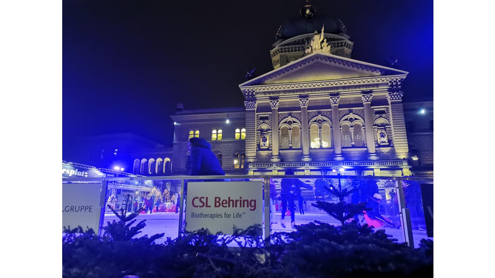 Pop-up skating rink outside of the Swiss Parliament building in Bern