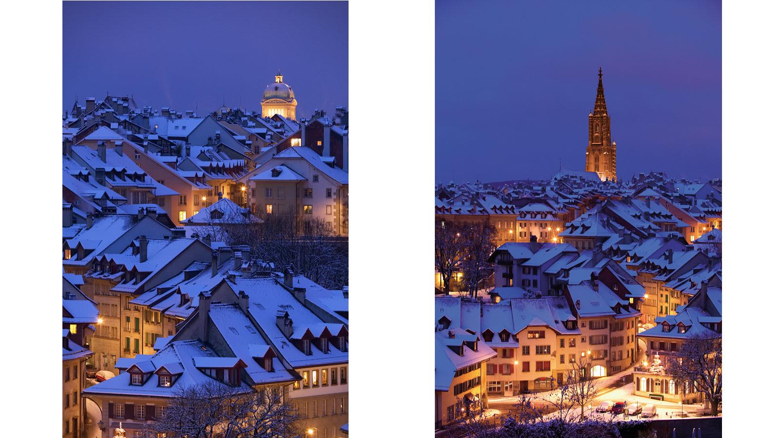 Two nighttime photos of Bern, Switzerland at night with darkened blue skies and the glow of city lights. 